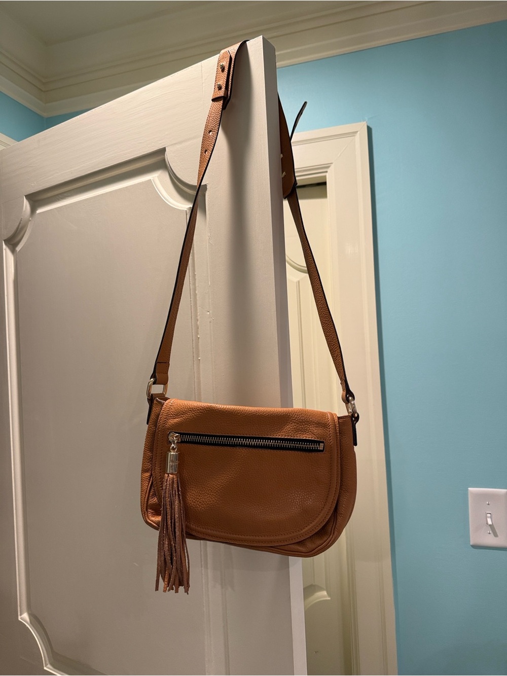 Milly Tan Leather Crossbody Bag with Tassel